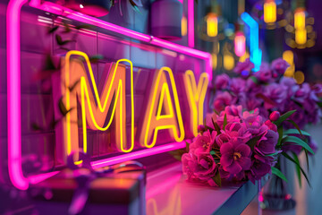 neon 'may' sign with floral decoration on colorful background for events