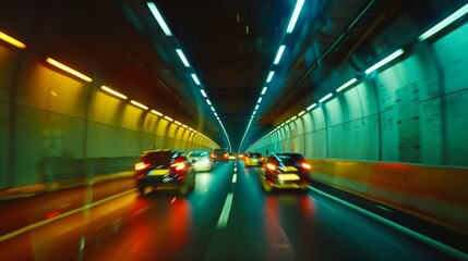 Poster - cars passing through a tunnel illuminated by traffic lights, creating a dynamic visual effect.