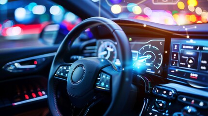 Leinwandbilder - Close-up of a car dashboard with wireless connectivity features, enabling hands-free calling and music streaming while driving.