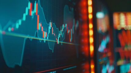 Aufkleber - Close-up of a computer screen displaying fluctuating stock prices on a dynamic graph, illustrating market volatility.