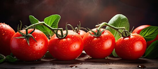 Poster - Ripe tomatoes with leaves on wooden surface and water droplets