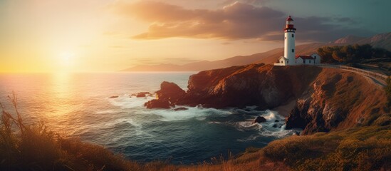 Poster - Lighthouse perched on cliff above sea during sundown