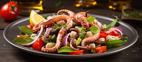 Poster - Octopus salad with fresh vegetables on a plate