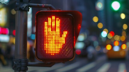 Poster - Close-up of a pedestrian crossing signal with a red hand, emphasizing safety and traffic regulations.