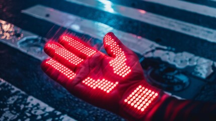 Poster - Close-up of a pedestrian crossing signal with a red hand, emphasizing safety and traffic regulations.
