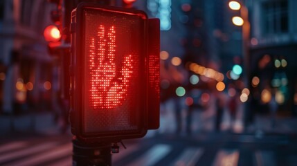 Poster - Close-up of a pedestrian crossing signal with a red hand, emphasizing safety and traffic regulations.