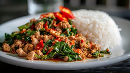 Wall Mural - Close-up of a plate of Pad Kra Pao, a savory Thai basil stir-fry with minced meat or tofu, served with rice.