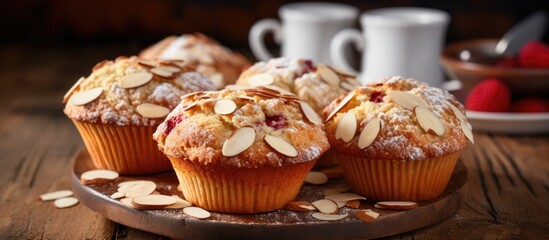 Canvas Print - Three muffins on a dish topped with almonds