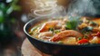 Close-up of a steaming bowl of aromatic Tom Yum soup, enticing viewers with its spicy and sour flavors.