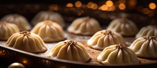 Poster - Small dumplings sizzling in pan with light