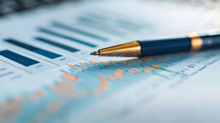 Fototapete - Close-up of a stock market graph printed on paper with a pen pointing at key data points, illustrating market analysis.