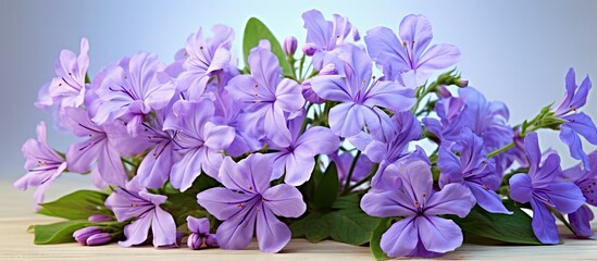 Wall Mural - Purple flowers on table with green leaves