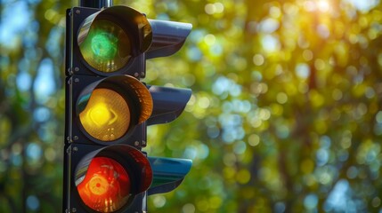Poster - Close-up of a traffic light switching from green to yellow, signaling drivers to slow down and prepare to stop.