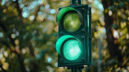 Poster - Close-up of a traffic signal showing green light, symbolizing go-ahead movement and traffic safety.