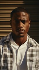 Poster - b'A portrait of a young African-American man wearing a plaid shirt and a white T-shirt'