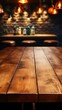 b'Close-up of an empty wooden table with a blurred background of a bar'