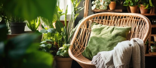 Canvas Print - A chair with green pillow and blanket