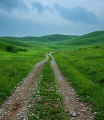 Sticker - A dirt road through a lush green hill