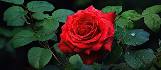 Poster - Red rose wet with water under low light