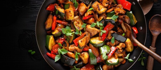 Poster - Cooking veggies in a pan with wooden spoon