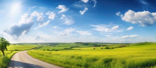 Canvas Print - Road in lush field with lone tree against sky