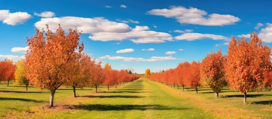 Poster - Field with autumn trees under clear blue sky