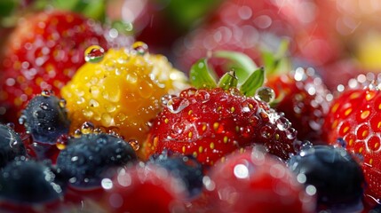 Poster - Crystal-clear water droplets glistening on fresh fruits, enhancing their natural beauty