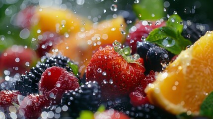 Poster - Crystal-clear water droplets glistening on fresh fruits, enhancing their natural beauty