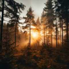 Poster - b'Sun rays shining through the tall trees in the misty forest'