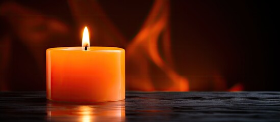 Poster - Candle glowing on table with flames in backdrop