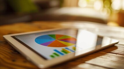 Poster - Digital tablet displaying a pie chart representing market share distribution in a business analysis