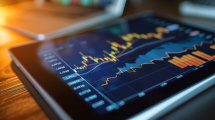 Poster - Digital tablet showing a line graph of stock market performance over time, reflecting market trends and fluctuations.