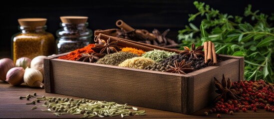 Wall Mural - Wooden spice box on table