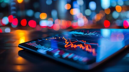 Poster - Digital tablet showing a line graph of stock market performance over time, reflecting market trends and fluctuations.