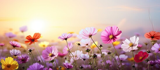 Wall Mural - Sunset over blooming meadow