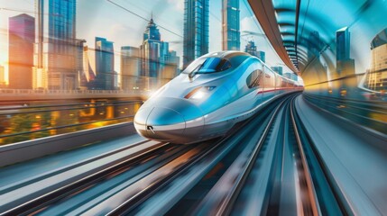 Poster - Futuristic high-speed train zooming along elevated tracks against a city skyline backdrop.