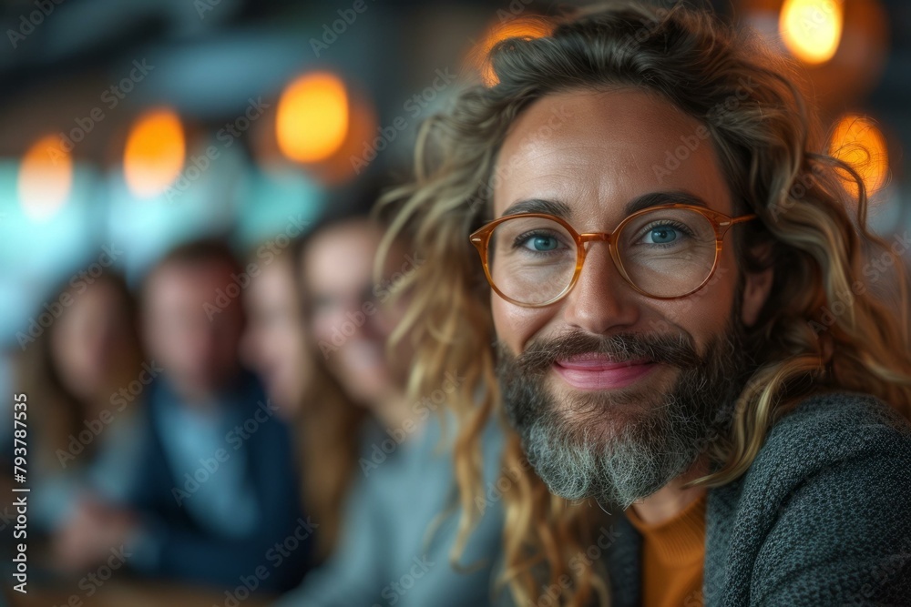 b'portrait of a smiling bearded person with long curly hair wearing glasses'
