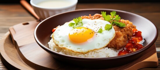 Poster - A plate holding steamed rice and a sunny-side-up egg