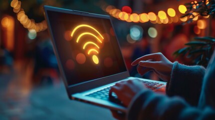 Leinwandbilder - Hands holding a laptop with wireless connectivity symbol displayed on the screen, illustrating modern technology.
