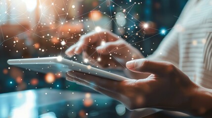 Aufkleber - Hands holding a tablet with wireless network bars visible, accessing online resources with ease.