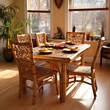 b'Rattan Dining Set with 4 Chairs and Plates with Food on Table'