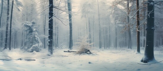 Wall Mural - Snowy forest with scattered trees and snow-draped branches