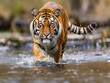 Siberian tiger, walking in the water directly at camera with water splashing. Attacking predator