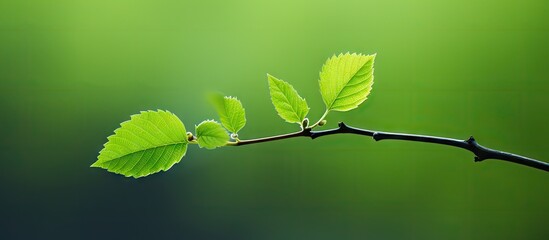 Wall Mural - A single branch displaying a solitary leaf against a green backdrop