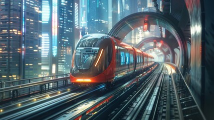 Aufkleber - High-speed metro train emerging from a tunnel into a futuristic cityscape, representing progress and efficiency.