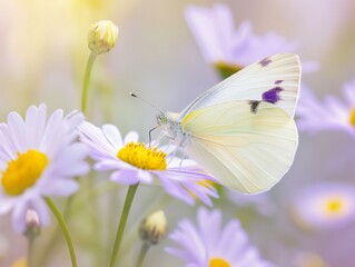 Poster - Beautiful wild daisy flowers, purple wild , butterfly in the morning haze in nature