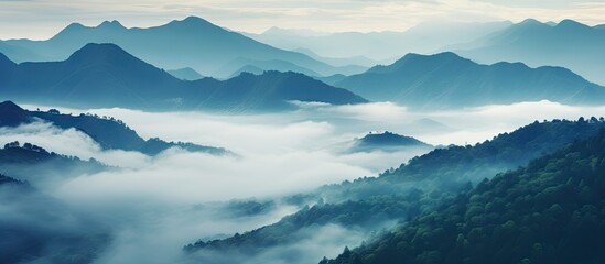 Canvas Print - Mountain range with mist and sparse trees