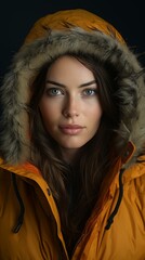 Sticker - b'Portrait of a beautiful young woman in a yellow winter coat with fur hood'