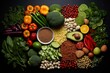 b'A variety of fresh vegetables and fruits are arranged on a black background. There are many different types of peppers, avocados, oranges, limes, and other vegetables.'