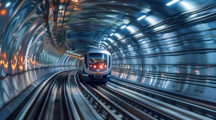 Leinwandbilder - High-speed subway train speeding through a curved track, showcasing efficient urban transportation.